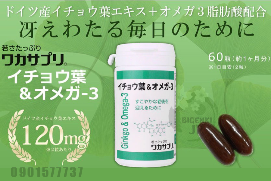 Viên uống bổ não, tuần hoàn máu não bạch quả và Omega 3 Wakasa Nhật Bản